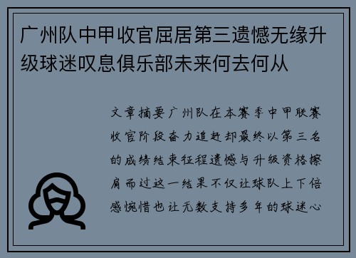广州队中甲收官屈居第三遗憾无缘升级球迷叹息俱乐部未来何去何从