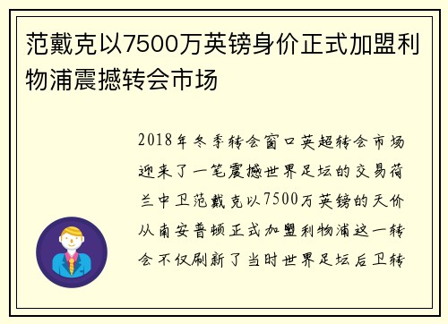 范戴克以7500万英镑身价正式加盟利物浦震撼转会市场